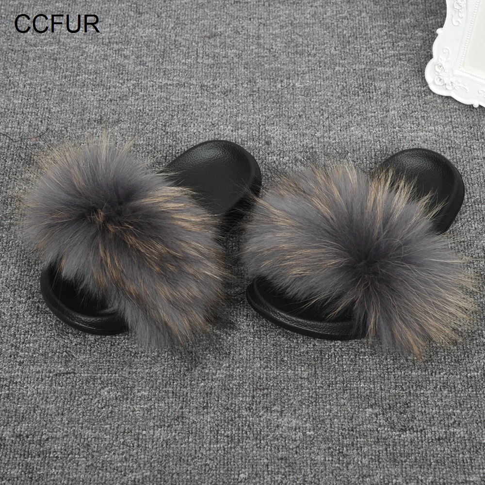CCFUR Racoon/меховые тапочки; женские шлепанцы с натуральным мехом; модные домашние шлепанцы с пушистым мехом; много цветов; S6045E