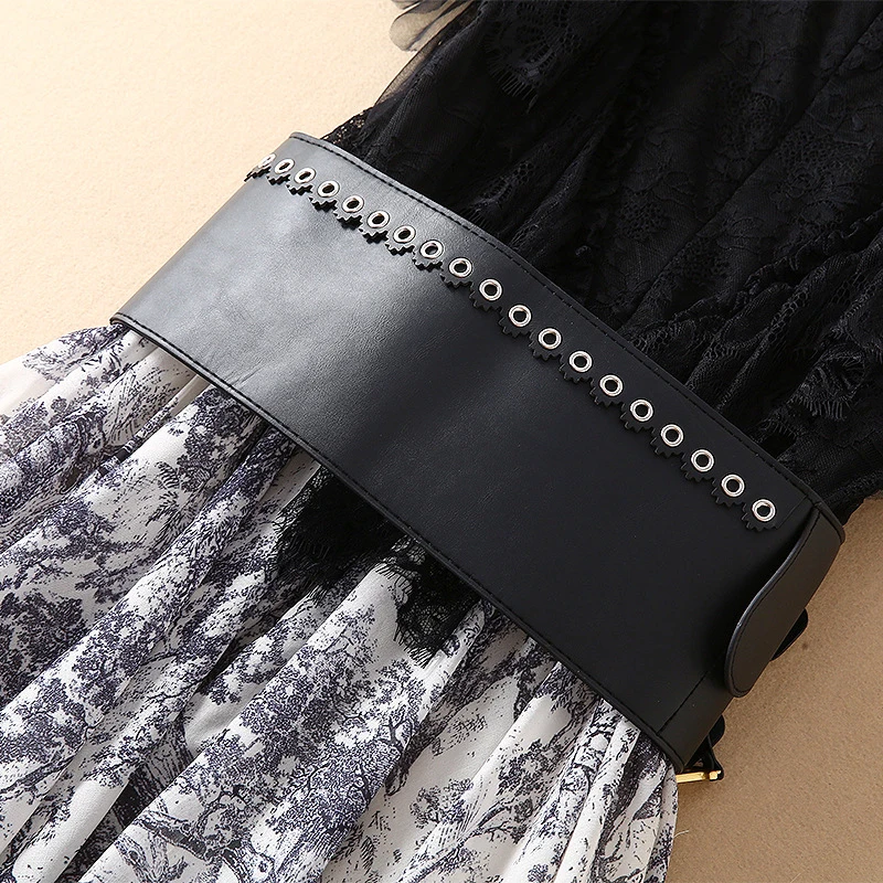 Черный белый лоскутное кружево с оборками и цветочным принтом ремень женское