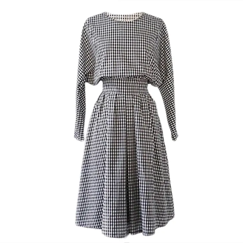 Women Plaid Mid Calf Casual Dress Streetwear Female Retro Simple Slim Long-sleeved Vestidos Holiday Travel Dresses | Женская одежда