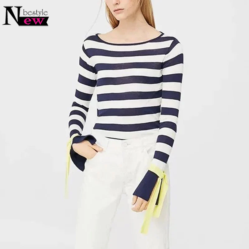 

Women Casual Autumn Striped Crochet Sweaters Fashion Knitted Pullovers Sweaters Mujer Lace Up Sleeve Tops Women Winter Clothes