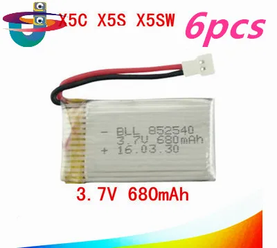 6 шт. 3 7 в 680 мАч Lipo аккумулятор для X5C X5C-1 MJX X200 CX-30/CX-31 m68 905RC Дрон Аккумулятор X5 852540 |