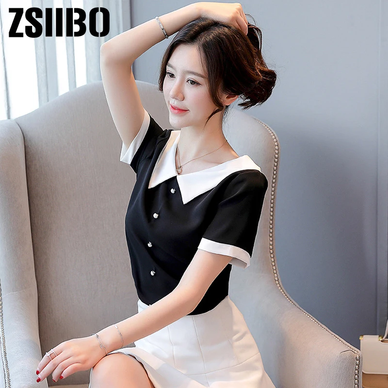 Женская шифоновая блузка с матросским воротником элегантный комбинированный