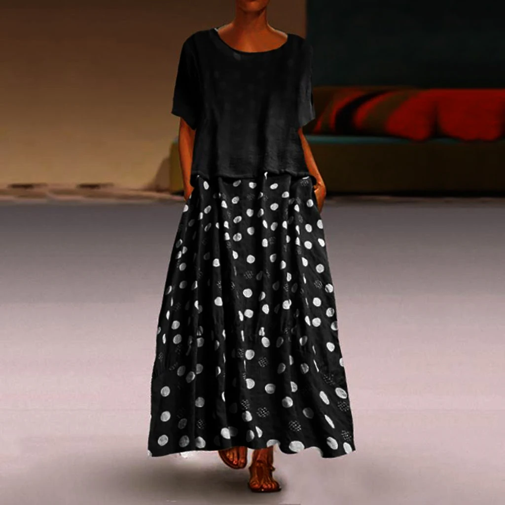 Летнее лоскутное платье с круглым вырезом в богемном стиле пляжное горошек