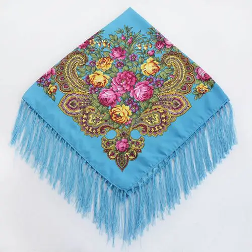 ASH08 Women Tassel Square Scarf Shawl Lady Printed Floral Short Tassel Headband Retro Cape Wrap Scarves 90*90cm - Цвет: ASH08