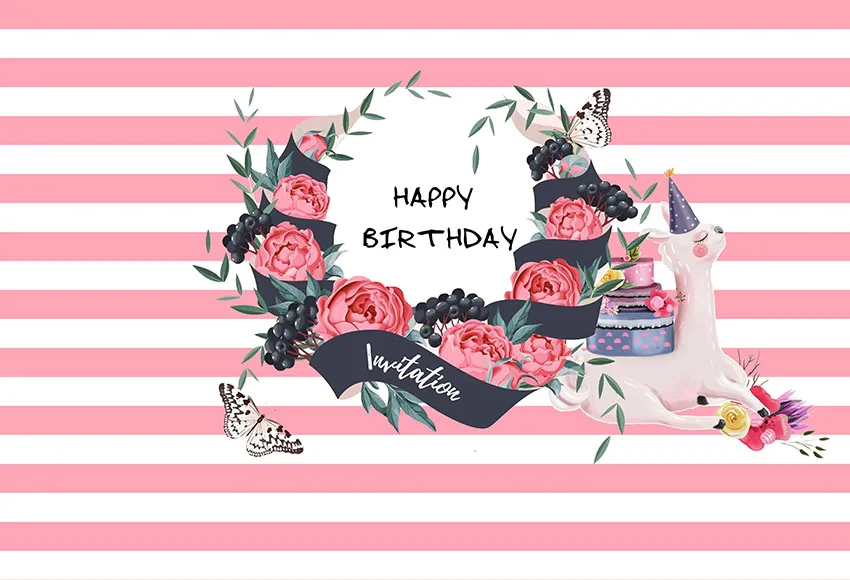 

pink white stripes luxury flowers animals happy birthday photo background photography backdrops quality vinyl