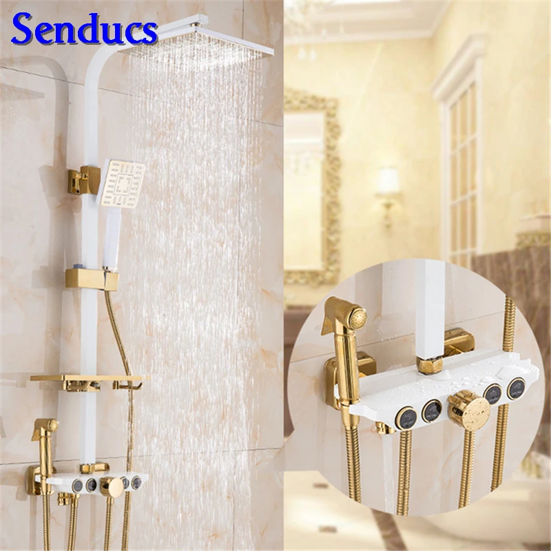 

Senducs Hot Sale White Gold Shower System Single Handle Four Button Brass Bathroom Mixer Faucet Luxury Hot Cold White Shower Set