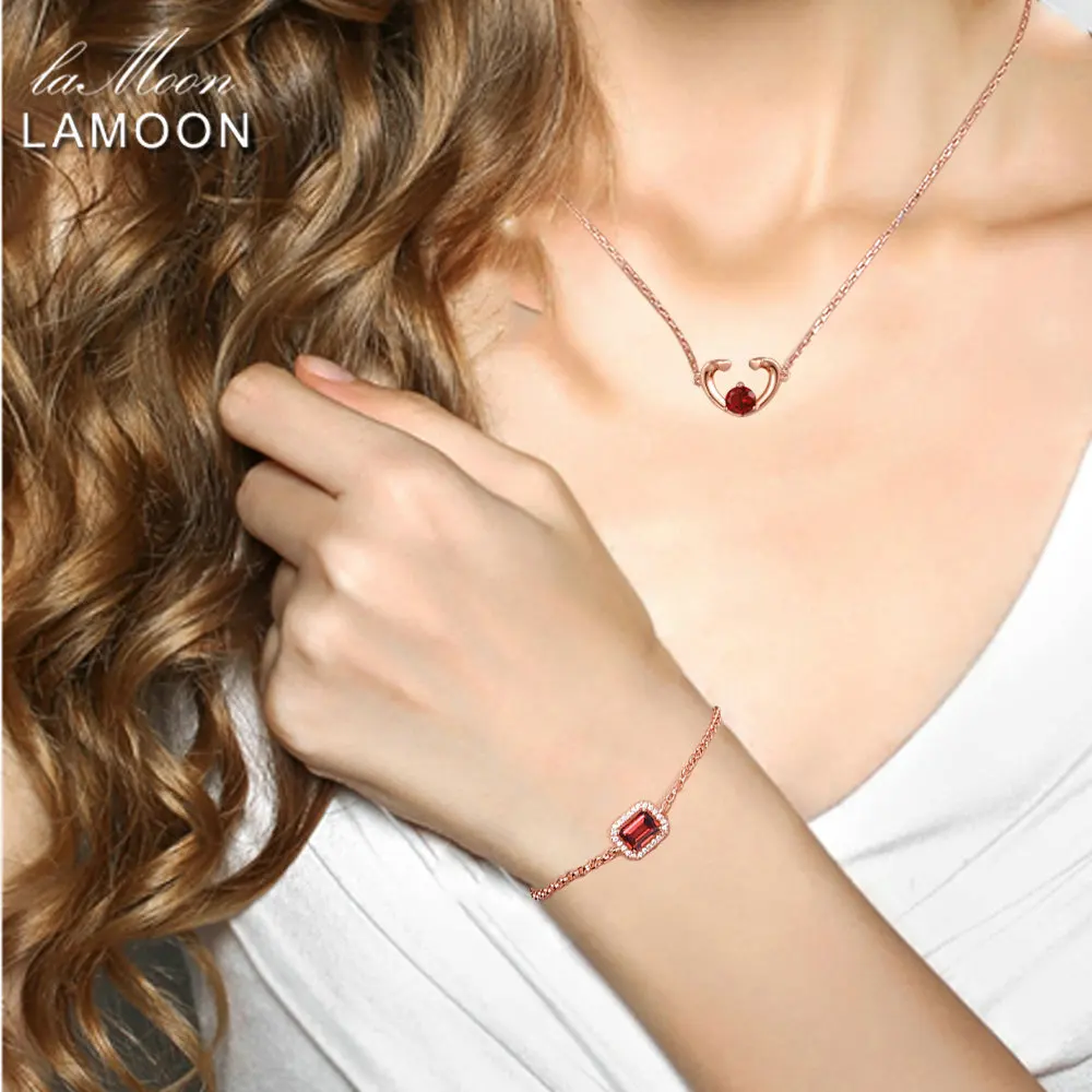 LAMOON- 5X7mm 1.1ct Natural Rectangular Red Garnet 925 Sterling Silver Jewelry Chain Charm Bracelet S925 LMHI001 | Украшения и