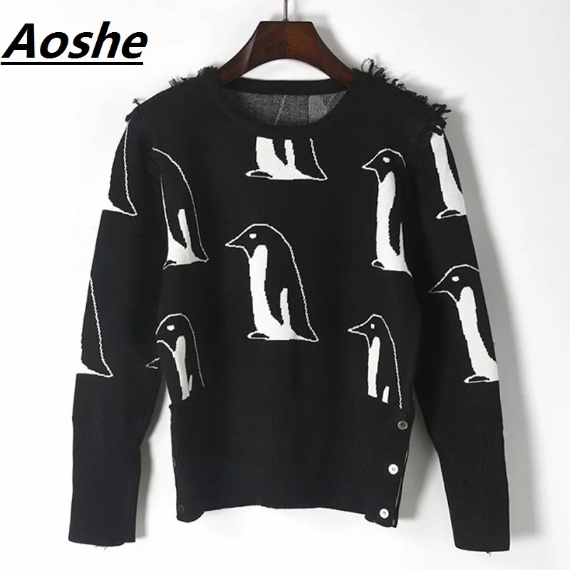 Свитер Aoshe Женский жаккардовый вязаный с длинным рукавом кисточками пингвинами