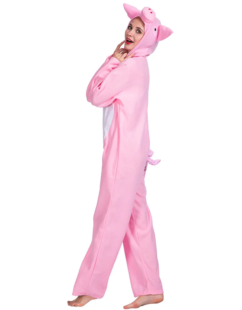 Женский комбинезон с капюшоном розовый костюм унисекс рисунком поросенка
