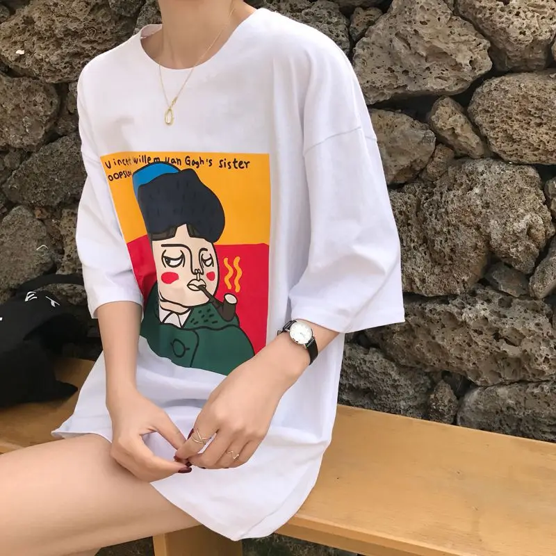 Women Summer Fun Printing Oversize T shirt Cartoon Loose 3/4 sleeved Long Pink White New Spring Korean Shirt|Футболки| |