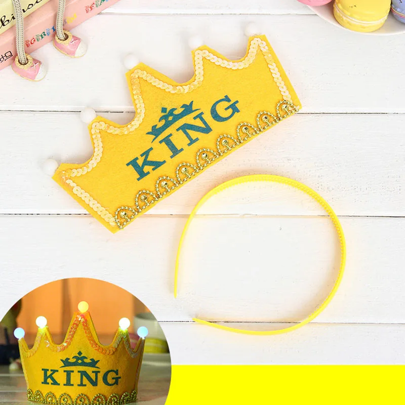 Yellow King Светодиодный светящийся счастливый шляпы для вечеринки по случаю Дня рождения милый король Кепка Принцесса Корона ребенок душ декоративные принадлежности подарки для мальчиков девочек - Цвет: Yellow King