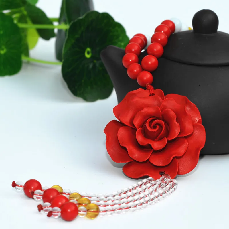 Цепочка с подвеской в виде красного циннабара круглые бусины резной кулон цветка