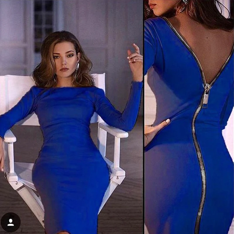 Осеннее платье с длинным рукавом сексуальное платье Для женщин Bodycon платье с низким вырезом на спине молния Клубные вечерние платье Женский Разделение Бандажное Большие размеры деловая модельная одежда