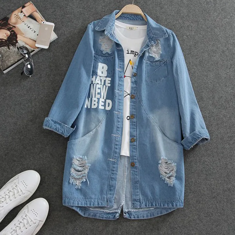 Корейская джинсовая куртка для женщин размер d отверстие тонкая средняя длина