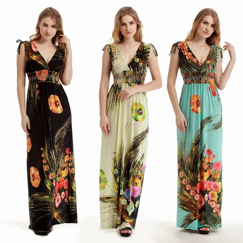 Женское винтажное платье с цветочным принтом летнее пляжное в богемном стиле