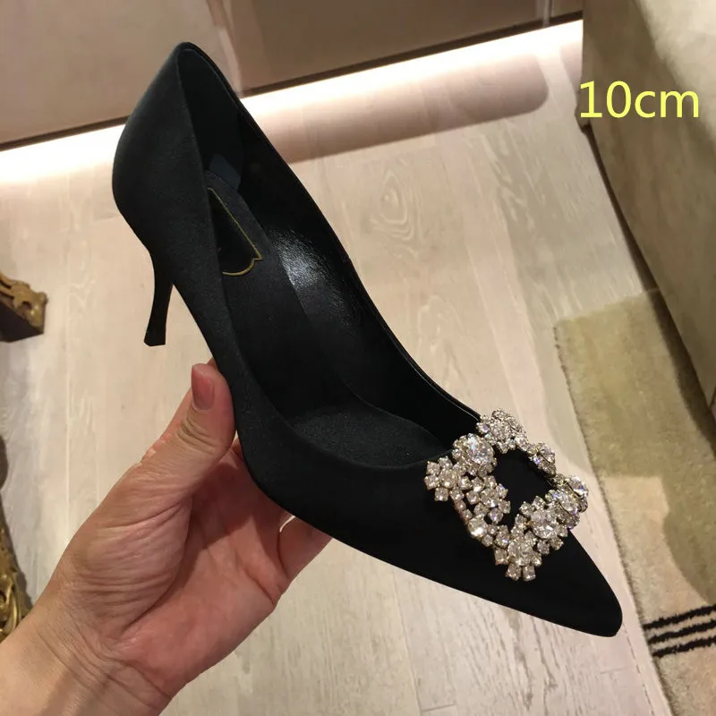 Black -10cm Г.,, женские атласные туфли-лодочки с острым носком, украшенные цветами и кристаллами, с пряжкой, женские вечерние туфли на высоком каблуке для свадьбы - Цвет: Black -10cm