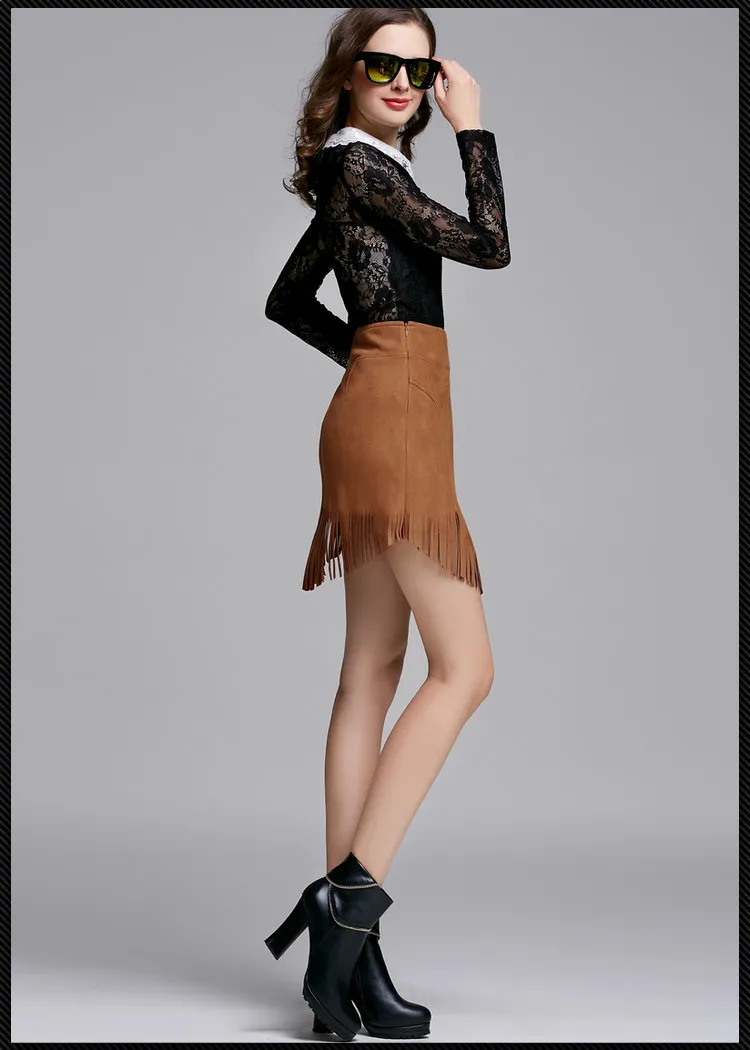 Нерегулярные кисточкой однотонные замшевые юбка Высокая талия тонкие линии юбки