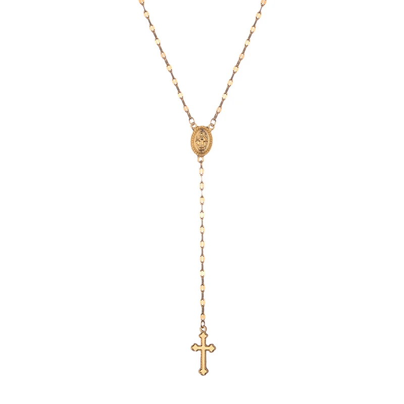 

Sparkly Cross Pendant Necklace Long Imitation Chain Rosary Madonna Coin Necklaces Pendants Religious Jewelry