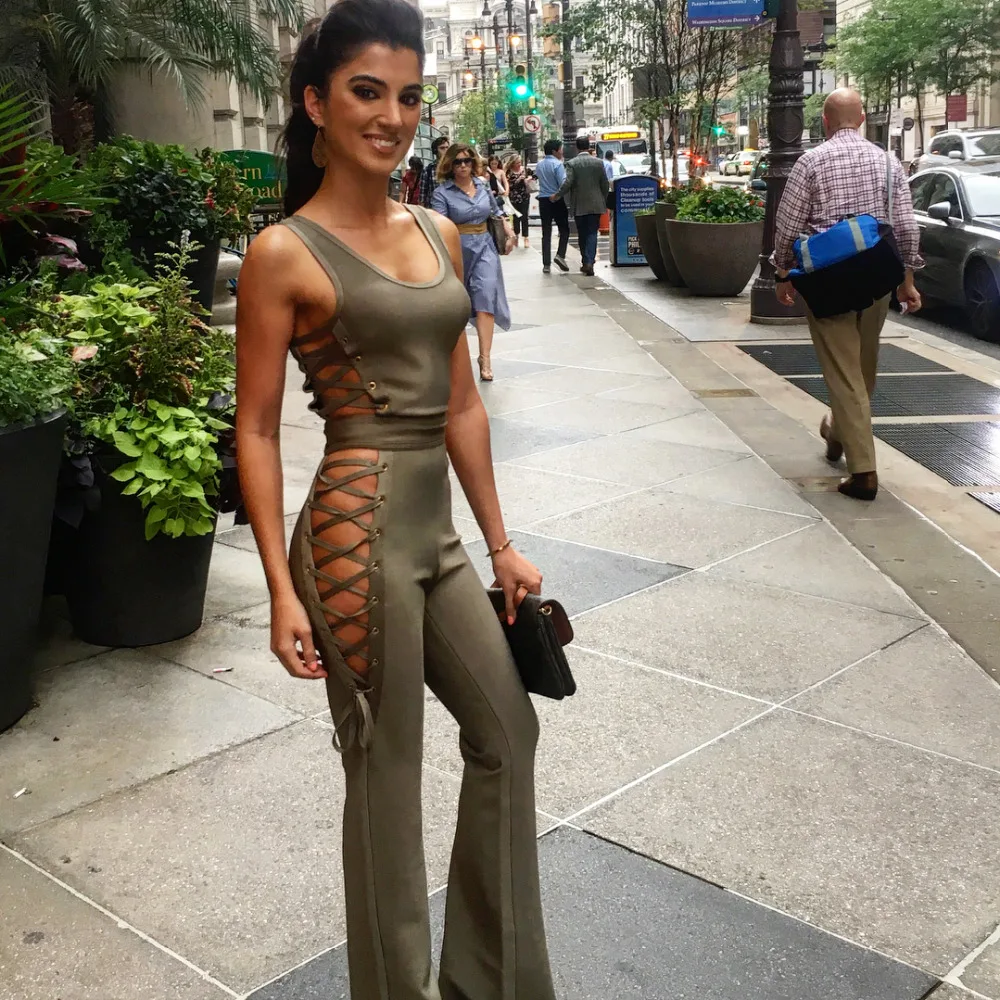 Ocstrade Jumpsuits for Women 2017 Summer Sexy Olive Green Lace-up Rayon Bandage Jumpsuit with Wide Legs | Женская одежда
