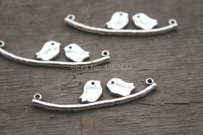 

15 PCS - Love Birds,Tibetan Silver Bird Perch Branch Pendants/Charms,Pastoral style, DIY Supplies,11x44 mm