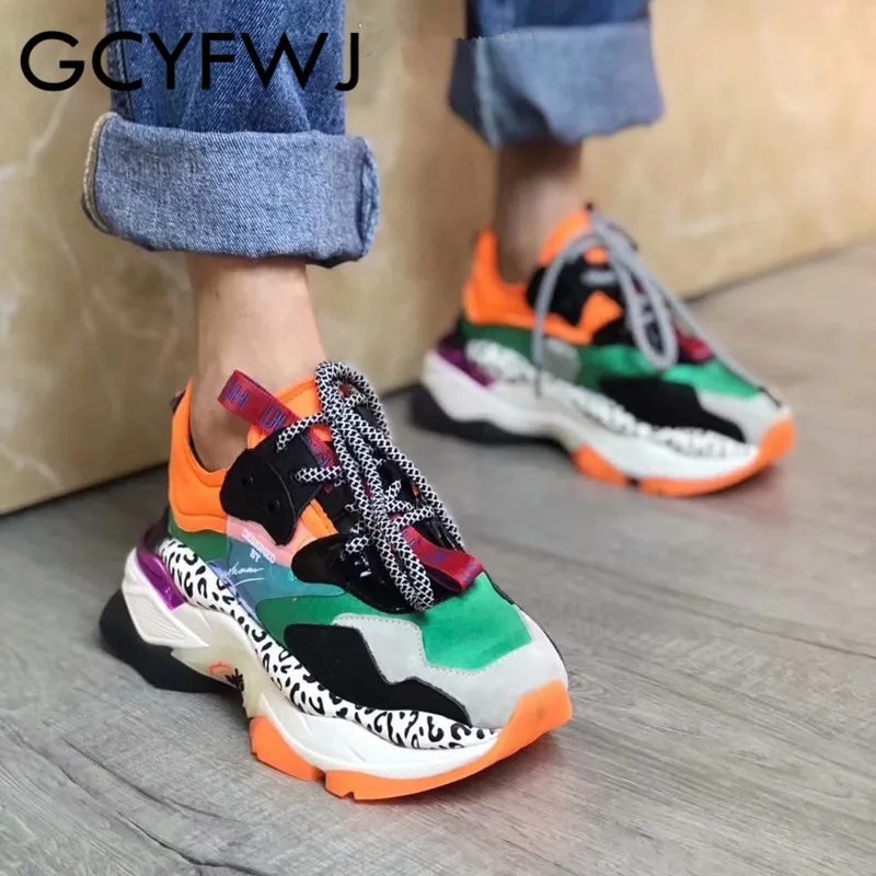 GCYFWJ новые кроссовки на платформе женские модные кожаные леопардовые туфли для папы женские высококачественные многоцветный лоскутный повседневные кроссовки