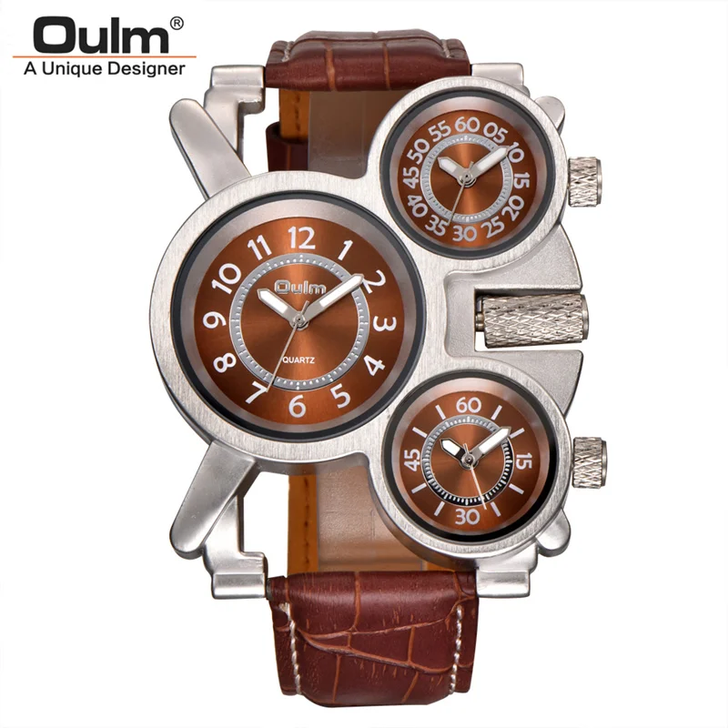 

Oulm Watches Men Top Brand Luxury Multiple Time Zone Watch Unique 3 Dials Designer Watch Male Quartz Sport Leather Wristwatch