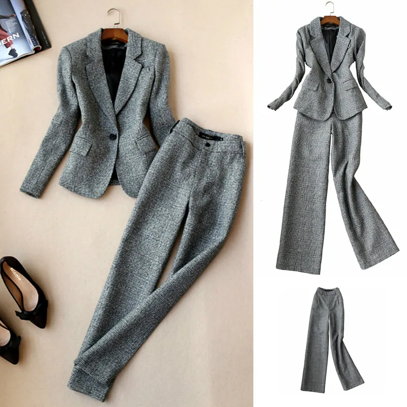 Set women's fashion suit female OL professional elegant plaid imitation wool suit female feet pants two-piece autumn