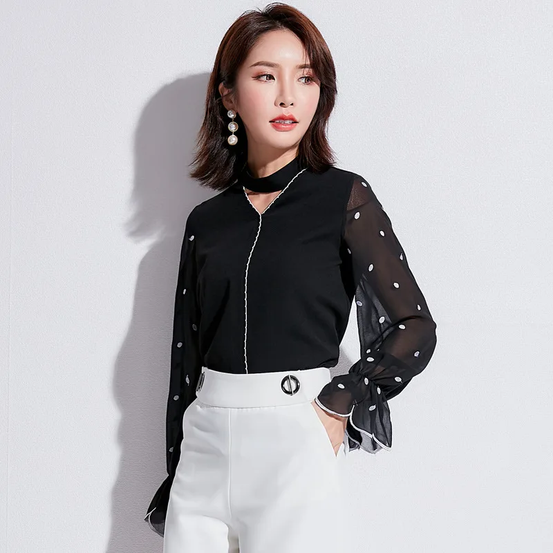 Шифоновая футболка в горошек Верхняя одежда без подкладки OL повседневная с v