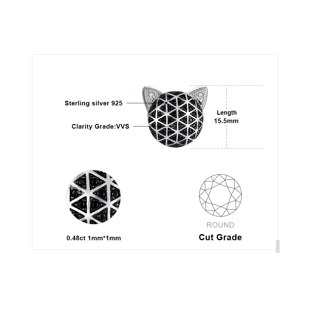 JewelryPalace Genuine Black Spinel Cubic Zirconia Cat Face Pendant Without Chain 925 Sterling Silver Pendants Necklaces Without
