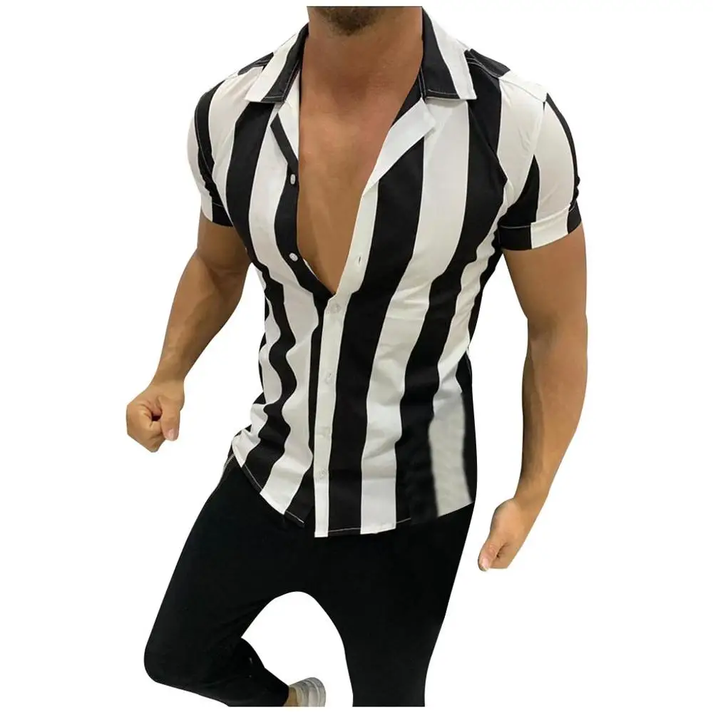 

2020 Mens Casual Beach Short Sleeve Men Button Shirt Tops Classic Striped Male Hawaiian Men's Shirts Streetwear Camisa Masculina