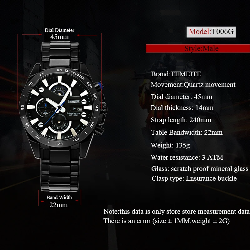 Temeite Для мужчин спортивные часы Водонепроницаемый бренд класса люкс кварцевые