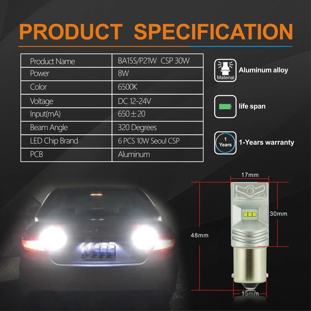 2x1156 Ba15s P21W 7506 CSP 30W Светодиодная лампа супер яркая белая фотолампа | Автомобили и