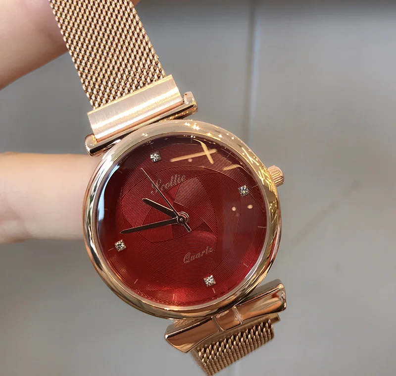 Gold Red Роскошные женские часы, женские тонкие часы с магнитным ремешком, модные женские качественные японские кварцевые наручные часы Zegarek Damski - Цвет: Gold Red