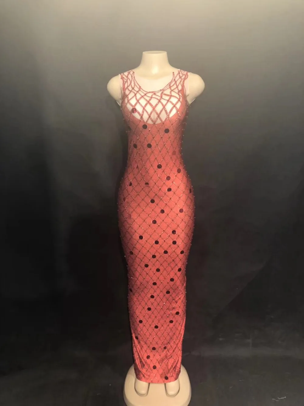 

Women Sexy Stage Red Long Dress Sleeveless 3D Printing Grid Nightclub Party Performance Dancer Singer Stage Wear Bling Costumes
