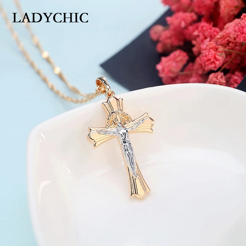 LADYCHIC Распятие Иисуса золотое ожерелье с крестом для женщин мужчин классический