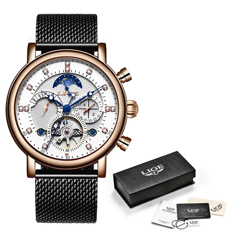 Rose gold white LIGE, подарок, мужские часы, брендовые, Роскошные, модные, Tourbillon, автоматические механические часы, мужские часы из нержавеющей стали, Relogio Masculino - Цвет: Rose gold white