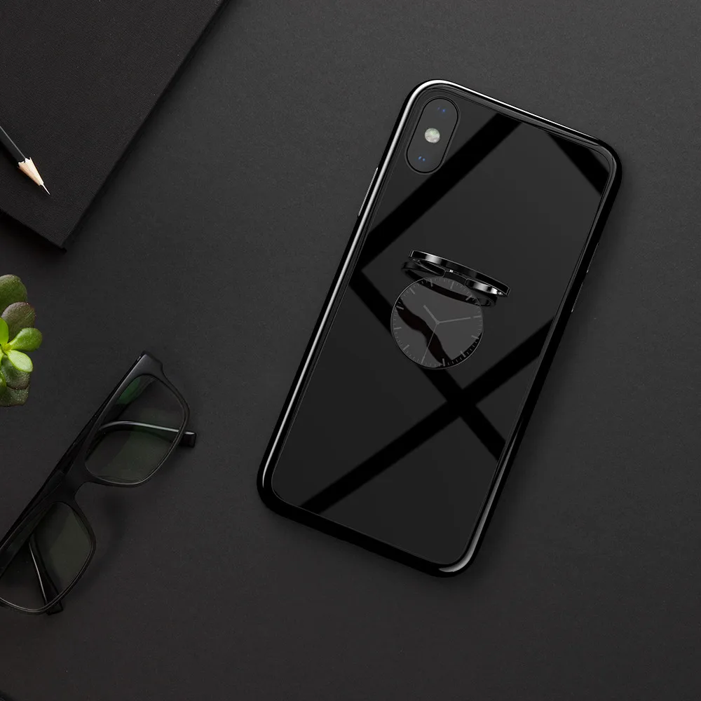 Черный KEYSION чехол из закаленного стекла для телефона для iPhone Xs Max XR покрытие Блестящий ТПУ задняя крышка для iPhone XS X XR с часами палец кольцо - Цвет: Черный