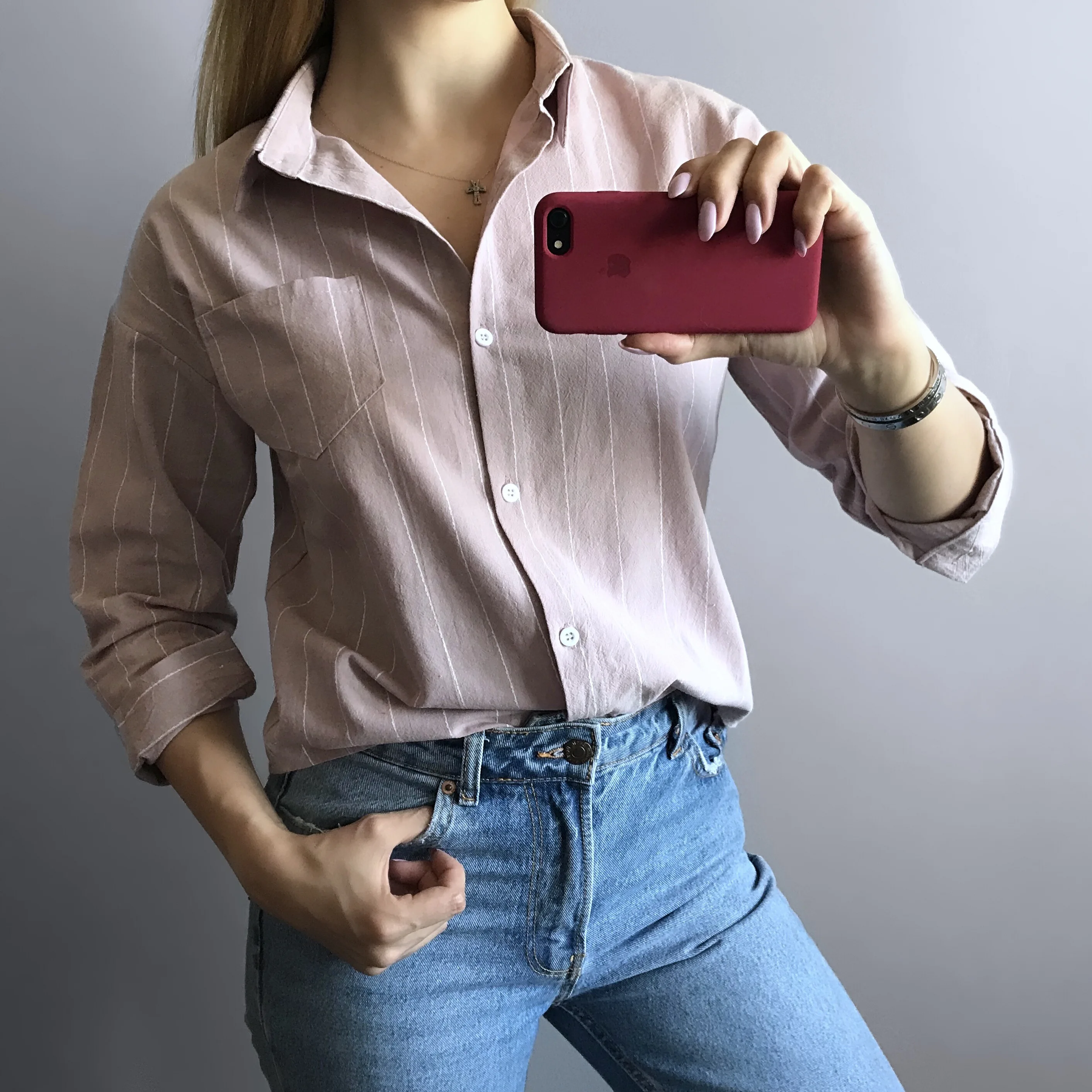 Блузка в полоску Fatika с длинным рукавом и карманами отложным воротником на весну