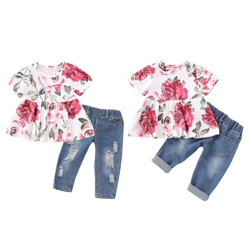 Одежда для маленьких девочек комплект из 2 предметов с оборками Цветочная