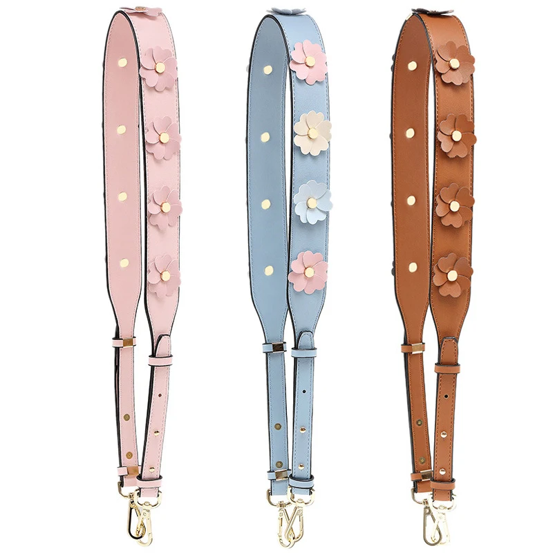 Wide PU Flower Shoulder Bag Strap For Women Replacement Long Leather Handbag Belt Colorful Rivet Adjustable Crossbody Bag Strap