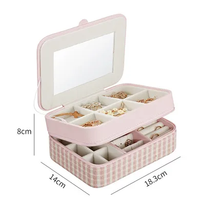 Pink 2layer Чехол, двухслойная портативная дорожная коробочка для украшений с зеркалом, кожаный Органайзер, чехол для хранения, серьги, ожерелье, кольцо - Цвет: Pink 2layer
