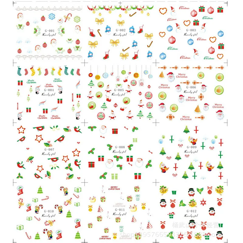 Набор стикеров для дизайна ногтей 12 шт./1 лист Санты снежки елки Рождество стикеры