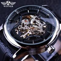 winner stylish casual skeleton design mens watch top brand luxury transparent case black silver dial mechanical watch male clock