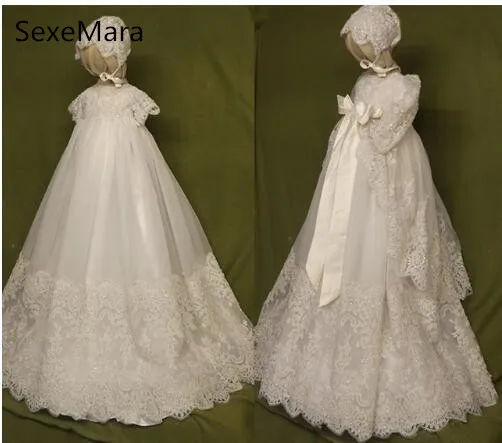 Vintage Baby Girls Christening Dresses Long Beading Lace Solid Holy Baptism Gowns White Ivory with Bonnet | Детская одежда и обувь