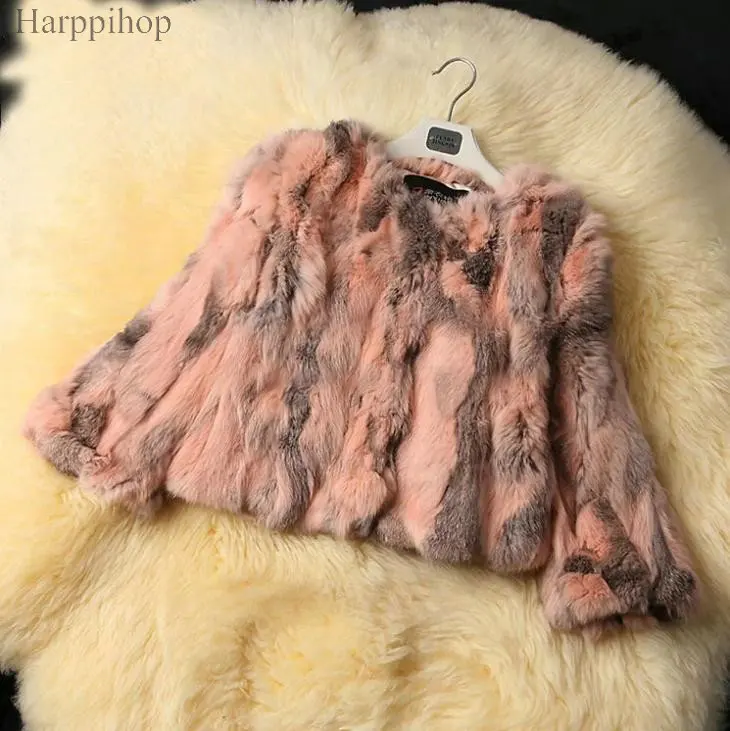 pink Настоящее кроличье меховое зимнее женское короткое меховое пальто размера плюс, теплое пальто, женская верхняя одежда с круглым вырезом, новая мода - Цвет: pink
