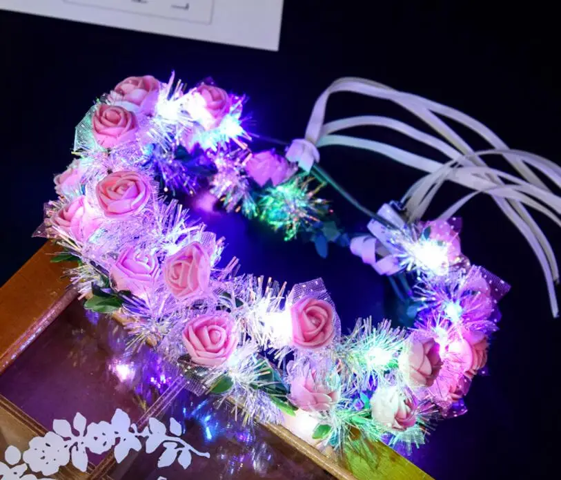 

Led Flower Wreath Glowing garland gold silk colorful headband LED lights ribbon rattan fairy headdress Festival Wedding Party