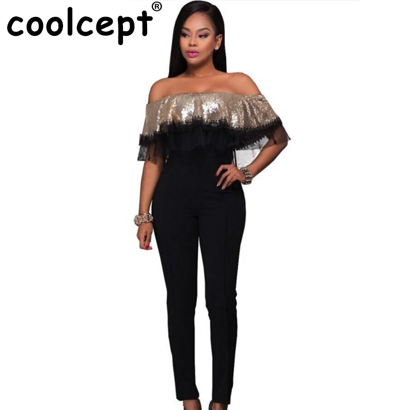 New Women's Sexy Slim Fashion Europe Style Slash Collar Large Swing Paillette Falbala Vintage Lace Patchwork Long Jumpsuits | Женская