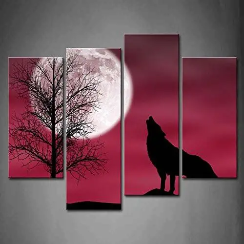 

4 Pcs/Set Animal Canvas Wall Art Modern Howling Wolf with Moon Tree Red Print Painting Best Gift Cuadros Lienzos Decorativos