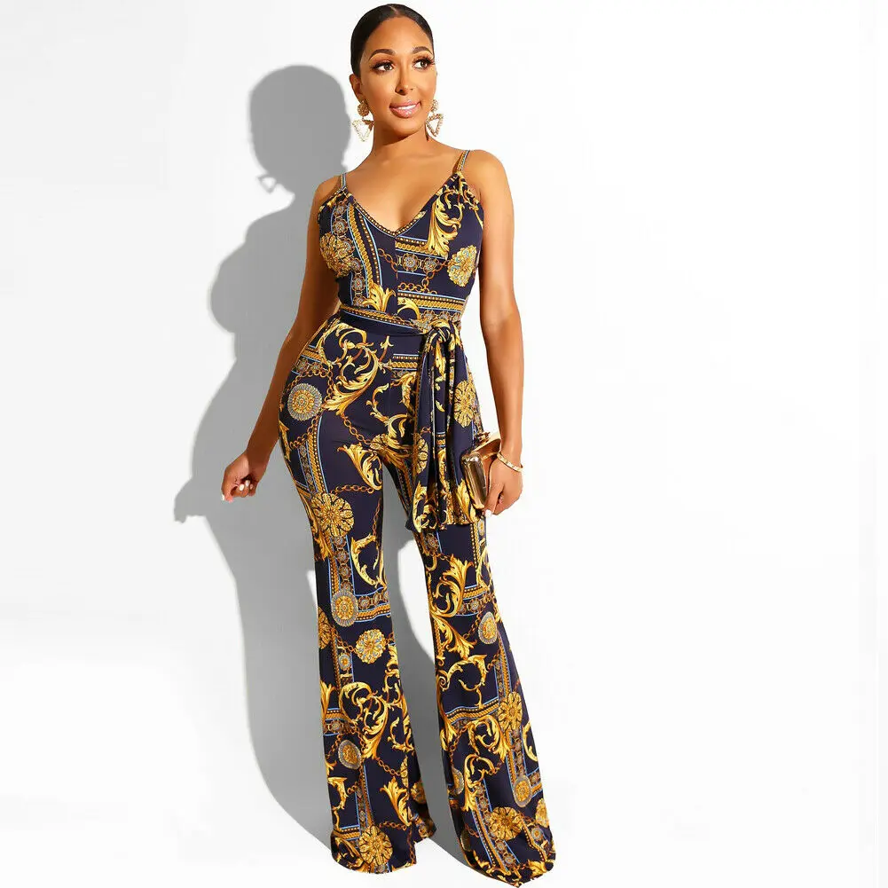 Женский Облегающий комбинезон длинный с цветочным принтом и цепочкой|Женские