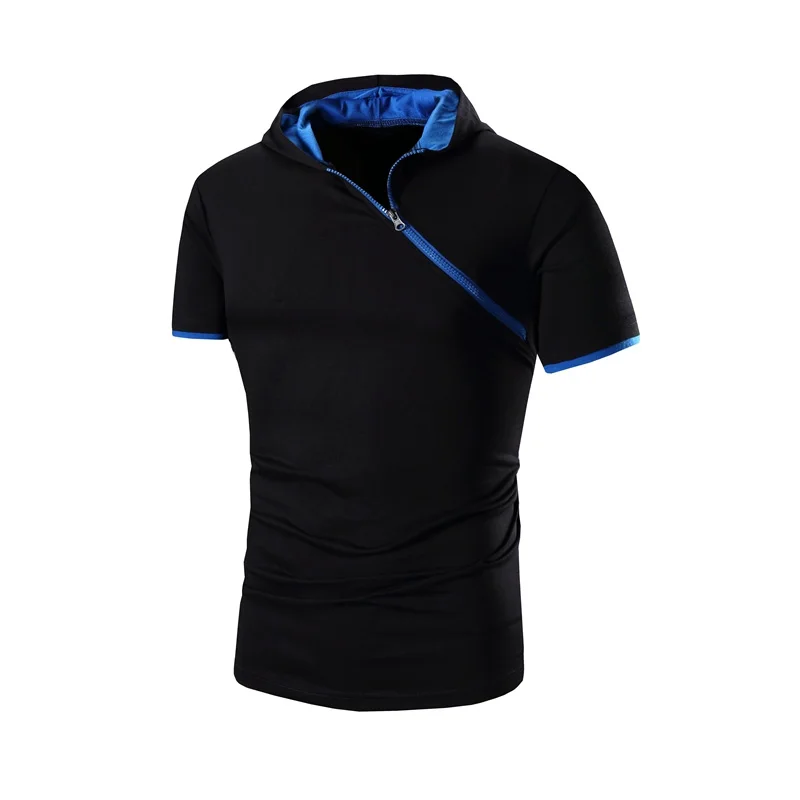 Men 's personality brand clothing t shirt men Popular new 2017 Slim short - sleeved hooded oblique zipper 3 color XXXL | Мужская